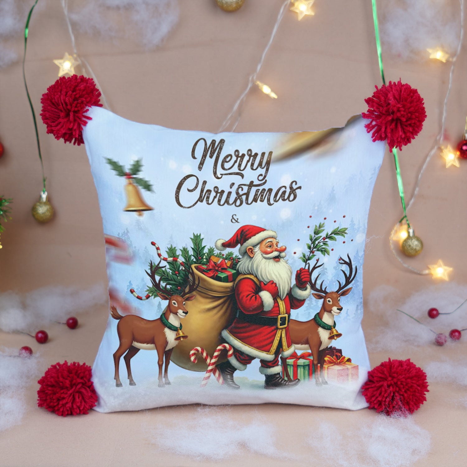 Premium Christmas Printed Cushion Cover with Santa & Reindeer