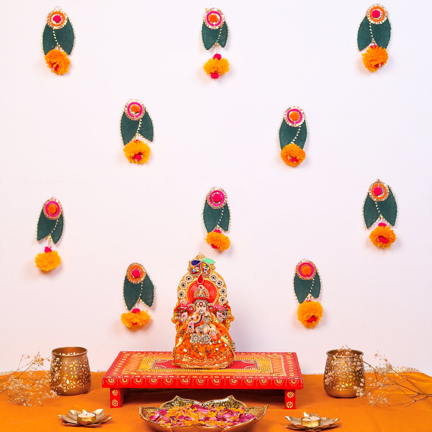 Divine Floral Mandir Backdrop – Handcrafted Ethnic Wall Decor & Pooja Room Background Set
