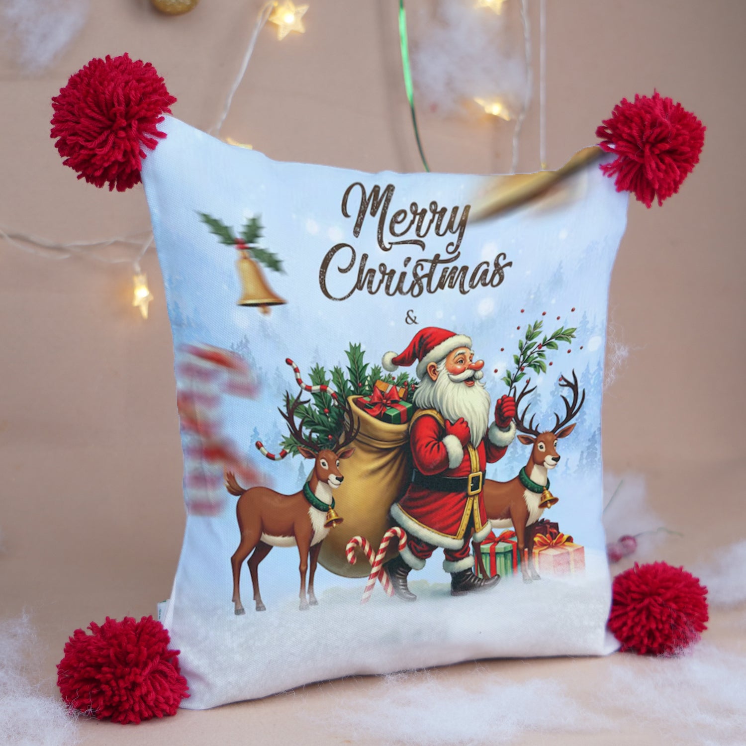 Premium Christmas Printed Cushion Cover with Santa & Reindeer