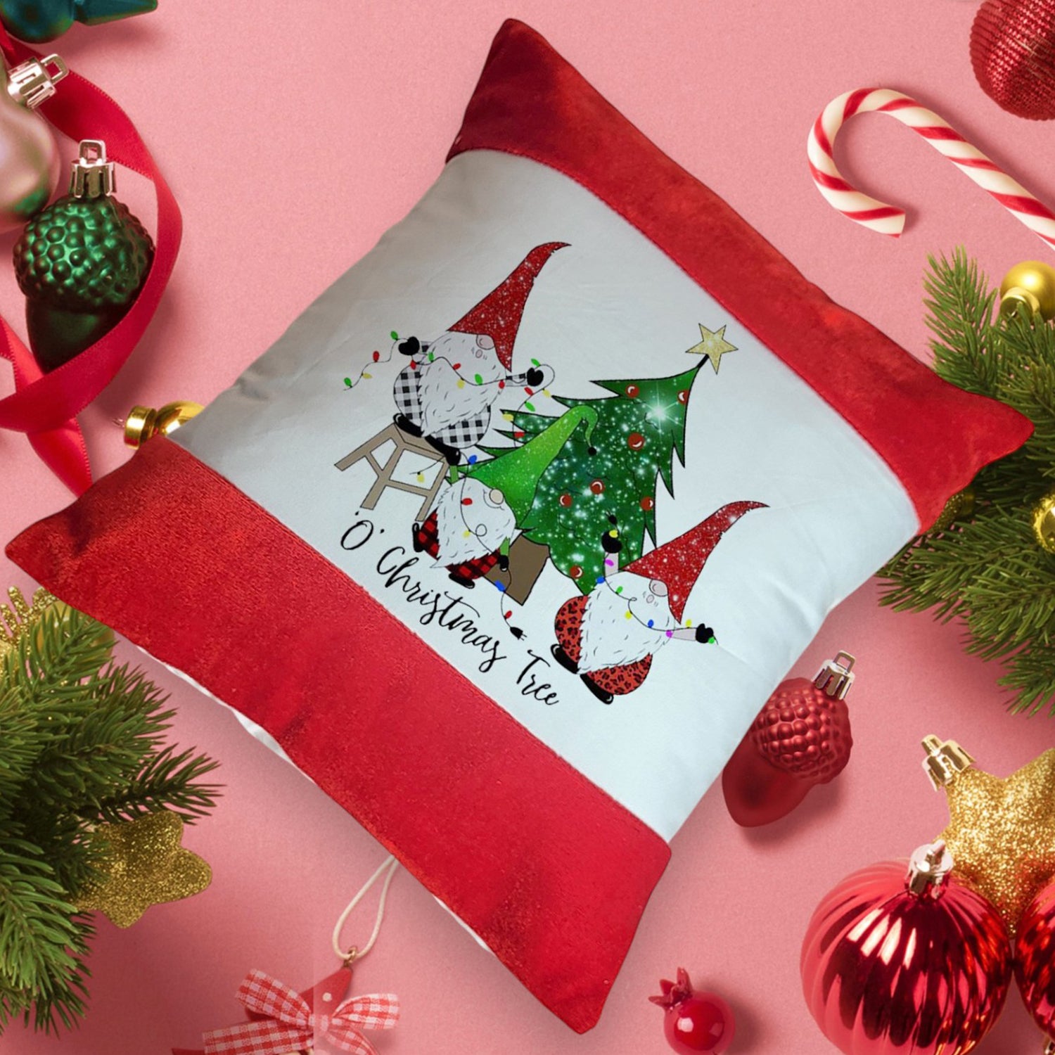 Premium Christmas Cushion Cover with Gnome & Tree Print