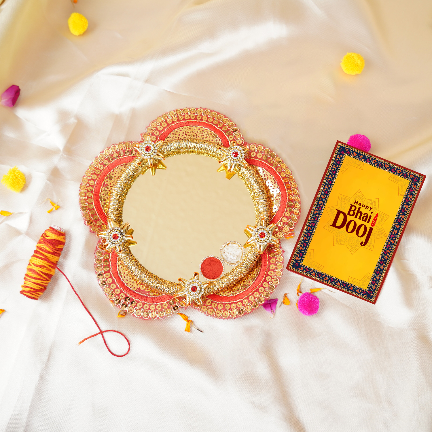 Handcrafted Floral Bhai Dooj Pooja Thali Set – Includes Designer Greeting Card and Sacred Moli Thread – Traditional Red & Gold Mirror Finish