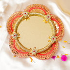 Handcrafted Floral Bhai Dooj Pooja Thali Set – Includes Designer Greeting Card and Sacred Moli Thread – Traditional Red & Gold Mirror Finish