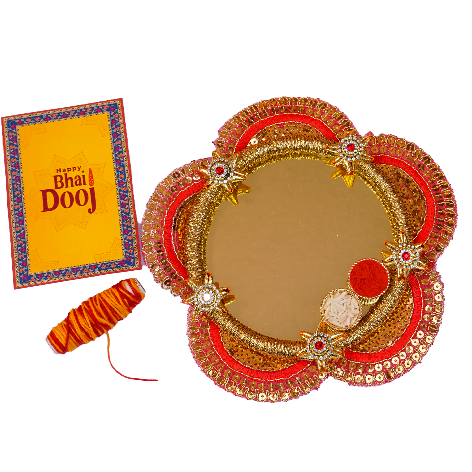 Handcrafted Floral Bhai Dooj Pooja Thali Set – Includes Designer Greeting Card and Sacred Moli Thread – Traditional Red & Gold Mirror Finish