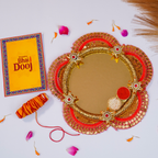 Handcrafted Floral Bhai Dooj Pooja Thali Set – Includes Designer Greeting Card and Sacred Moli Thread – Traditional Red & Gold Mirror Finish