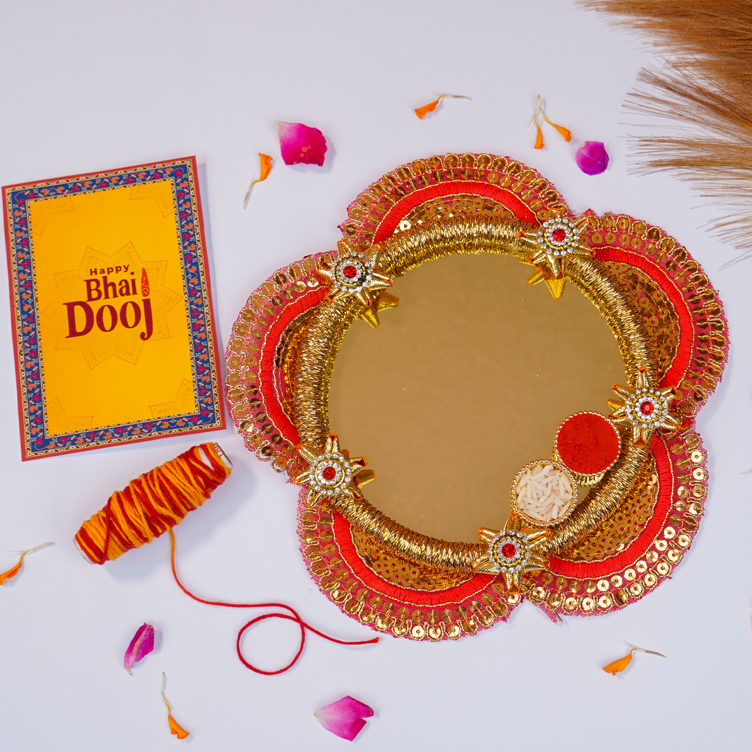 Handcrafted Floral Bhai Dooj Pooja Thali Set – Includes Designer Greeting Card and Sacred Moli Thread – Traditional Red & Gold Mirror Finish