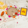 Handcrafted Jute Bhai Dooj Pooja Thali Set – Rustic Ethnic Design with Pom-Poms, Designer Greeting Card, and Sacred Moli Thread