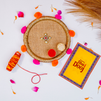 Handcrafted Jute Bhai Dooj Pooja Thali Set – Rustic Ethnic Design with Pom-Poms, Designer Greeting Card, and Sacred Moli Thread
