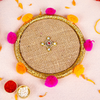 Handcrafted Jute Bhai Dooj Pooja Thali Set – Rustic Ethnic Design with Pom-Poms, Designer Greeting Card, and Sacred Moli Thread