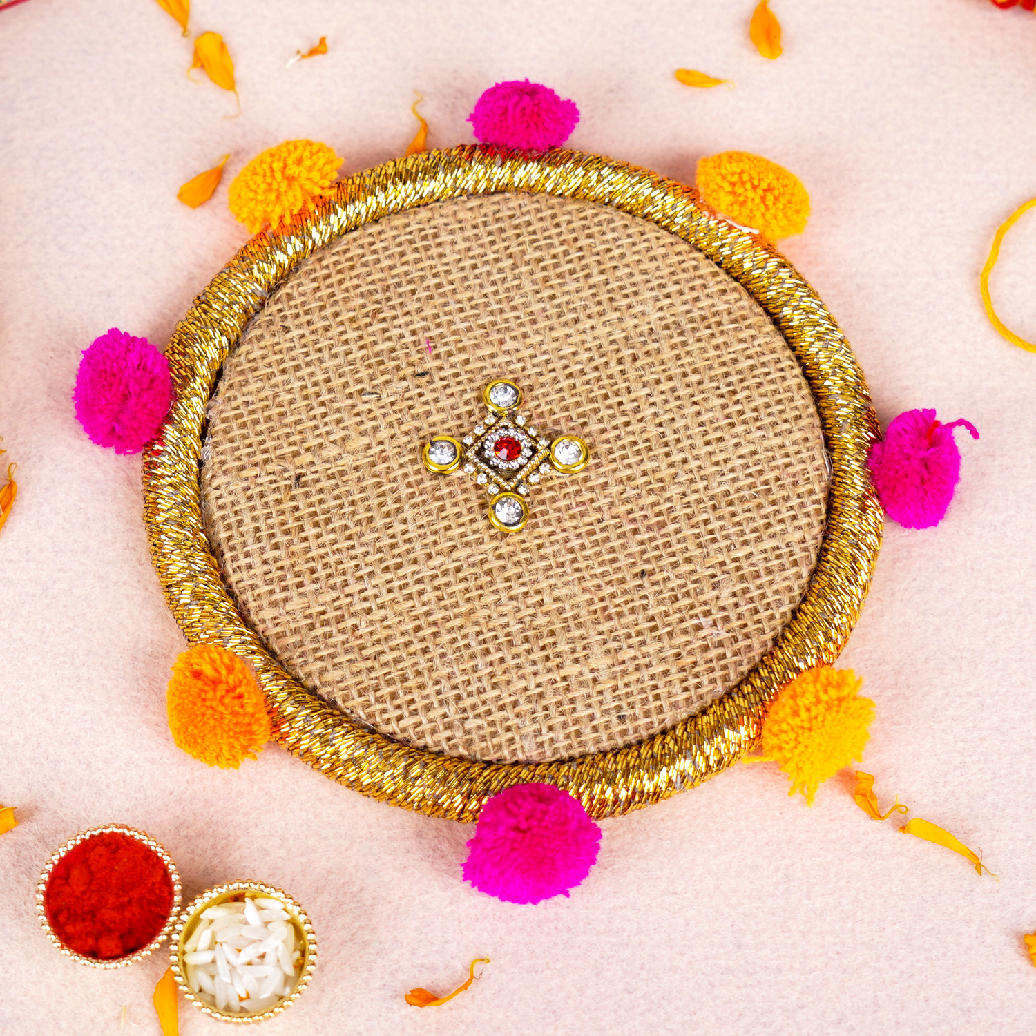 Handcrafted Jute Bhai Dooj Pooja Thali Set – Rustic Ethnic Design with Pom-Poms, Designer Greeting Card, and Sacred Moli Thread