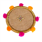 Handcrafted Jute Bhai Dooj Pooja Thali Set – Rustic Ethnic Design with Pom-Poms, Designer Greeting Card, and Sacred Moli Thread