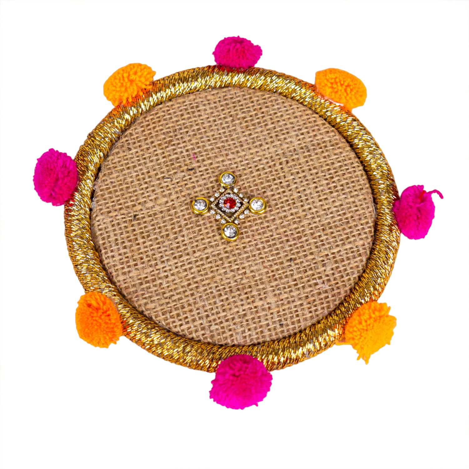 Handcrafted Jute Bhai Dooj Pooja Thali Set – Rustic Ethnic Design with Pom-Poms, Designer Greeting Card, and Sacred Moli Thread