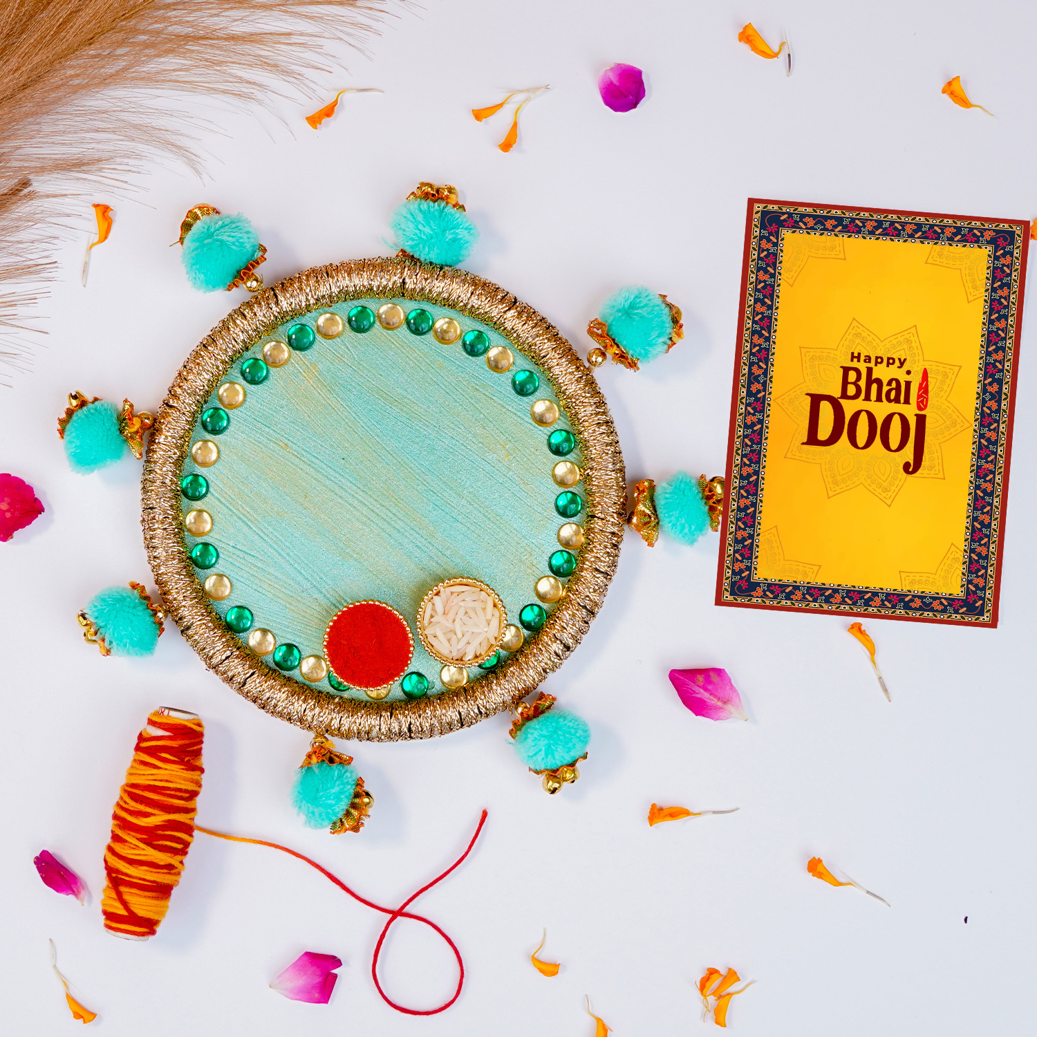 Handcrafted Sea-Green & Gold Bhai Dooj Pooja Thali Set – Includes Designer Greeting Card, Sacred Moli Thread, and Beaded Pom-Pom Decor
