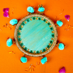 Handcrafted Sea-Green & Gold Bhai Dooj Pooja Thali Set – Includes Designer Greeting Card, Sacred Moli Thread, and Beaded Pom-Pom Decor