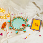 Handcrafted Sea-Green & Gold Bhai Dooj Pooja Thali Set – Includes Designer Greeting Card, Sacred Moli Thread, and Beaded Pom-Pom Decor