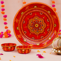 Handcrafted Red Mandala Art Bhai Dooj Pooja Thali Set – Includes 2 Matching Bowls, and Sacred Moli Thread – Traditional Ethnic Decor