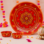 Handcrafted Red Mandala Art Bhai Dooj Pooja Thali Set – Includes 2 Matching Bowls, and Sacred Moli Thread – Traditional Ethnic Decor