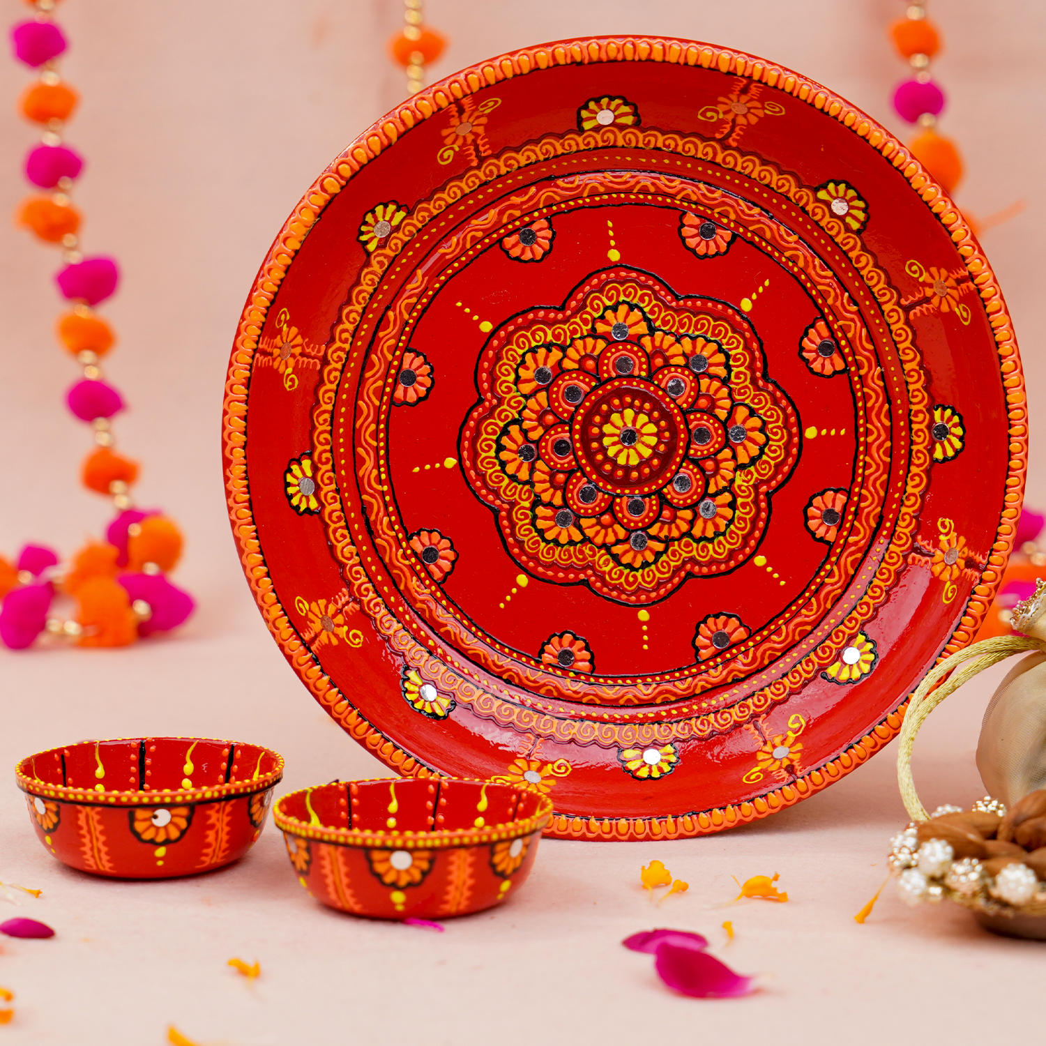 Handcrafted Red Mandala Art Bhai Dooj Pooja Thali Set – Includes 2 Matching Bowls, and Sacred Moli Thread – Traditional Ethnic Decor