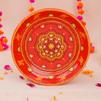 Handcrafted Red Mandala Art Bhai Dooj Pooja Thali Set – Includes 2 Matching Bowls, and Sacred Moli Thread – Traditional Ethnic Decor