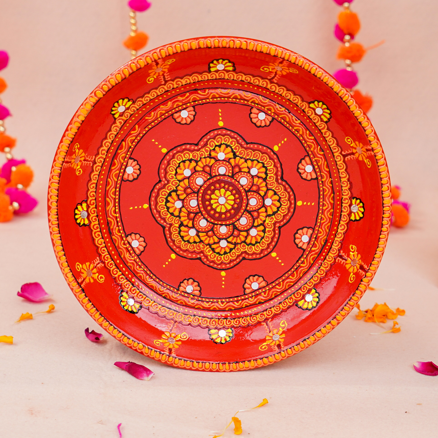 Handcrafted Red Mandala Art Bhai Dooj Pooja Thali Set – Includes 2 Matching Bowls, and Sacred Moli Thread – Traditional Ethnic Decor