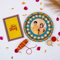 Personalized Photo Bhai Dooj Pooja Thali Set – Blue Jute & Pearl Design with Matching Bowls, Greeting Card, and Sacred Moli Thread
