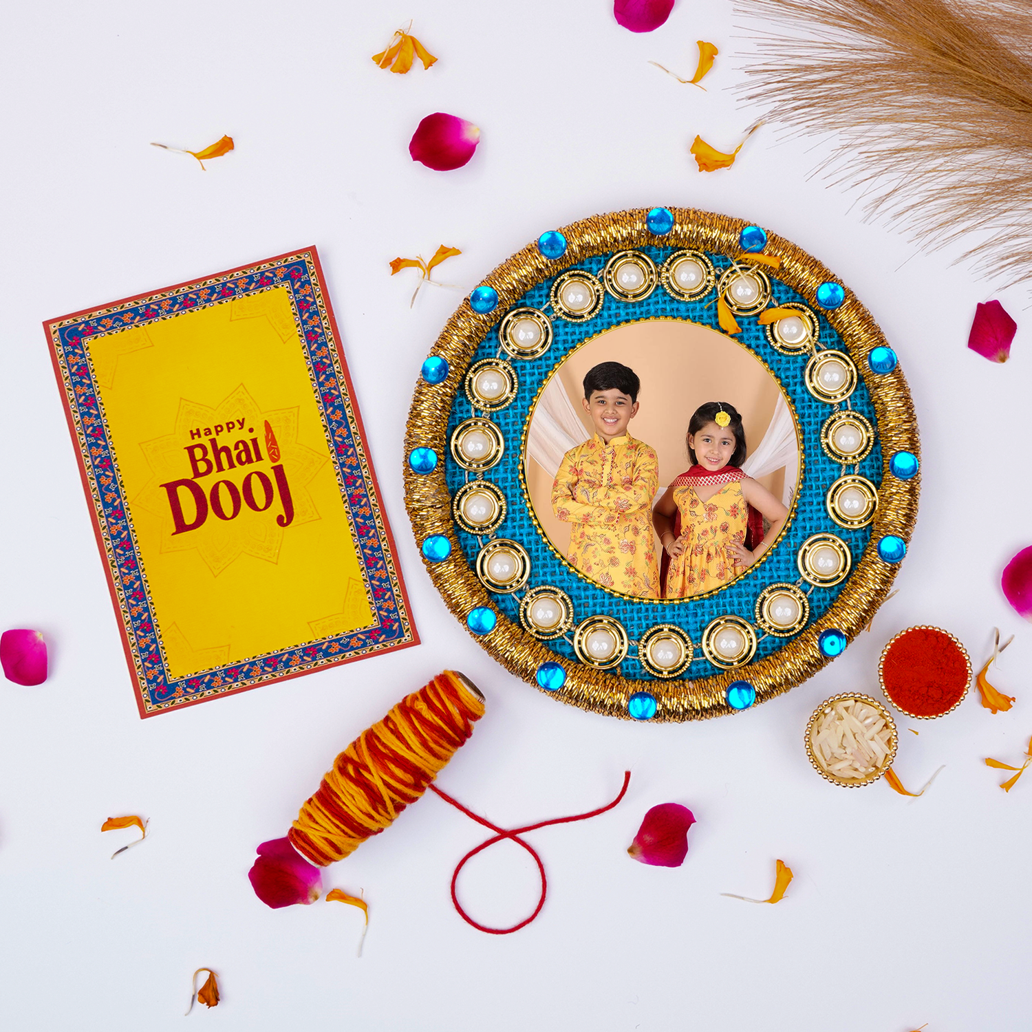 Personalized Photo Bhai Dooj Pooja Thali Set – Blue Jute & Pearl Design with Matching Bowls, Greeting Card, and Sacred Moli Thread
