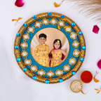 Personalized Photo Bhai Dooj Pooja Thali Set – Blue Jute & Pearl Design with Matching Bowls, Greeting Card, and Sacred Moli Thread