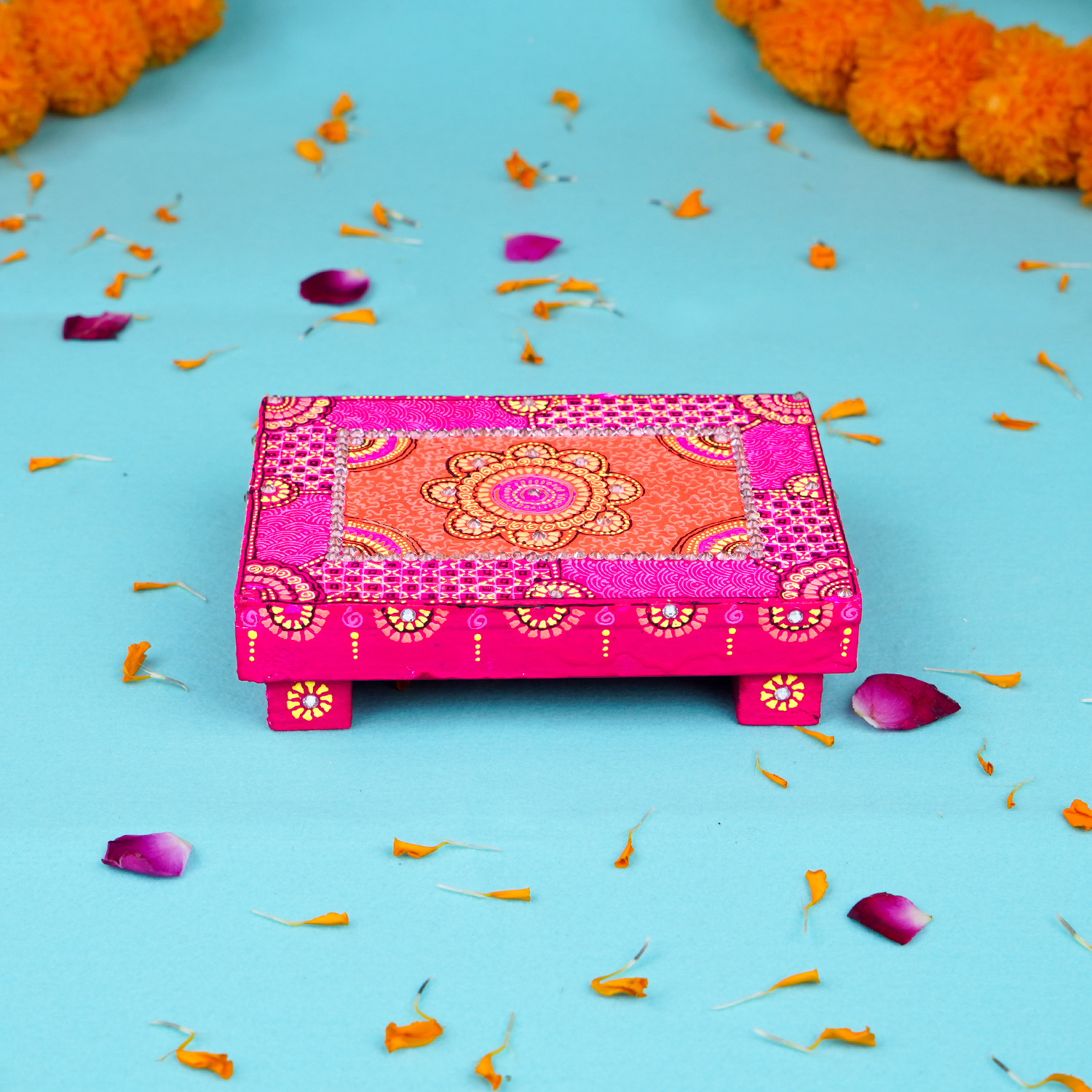 Hand-Painted Small Wooden Rani MDF Chowki – Artisanal Pink Mandala Puja Bajot for Home Decor