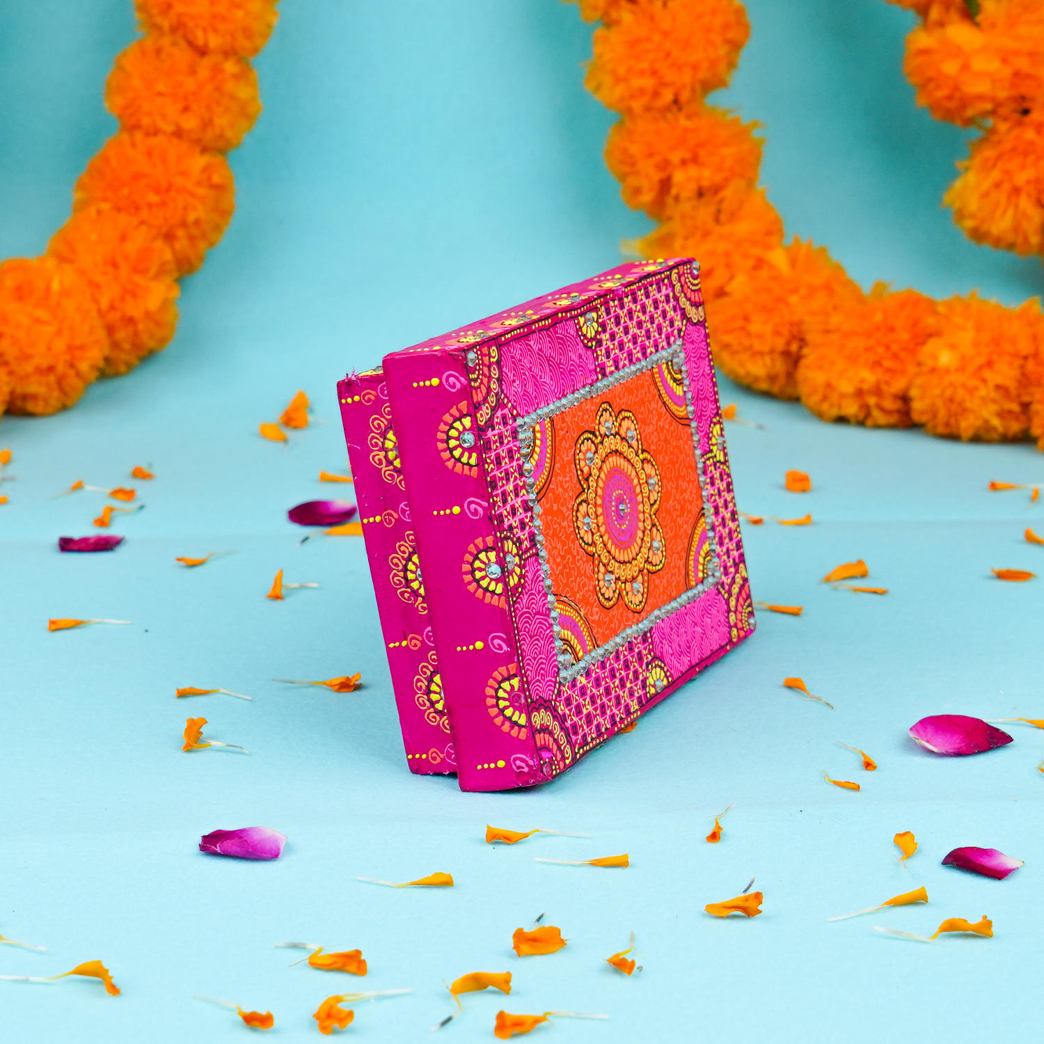 Hand-Painted Small Wooden Rani MDF Chowki – Artisanal Pink Mandala Puja Bajot for Home Decor