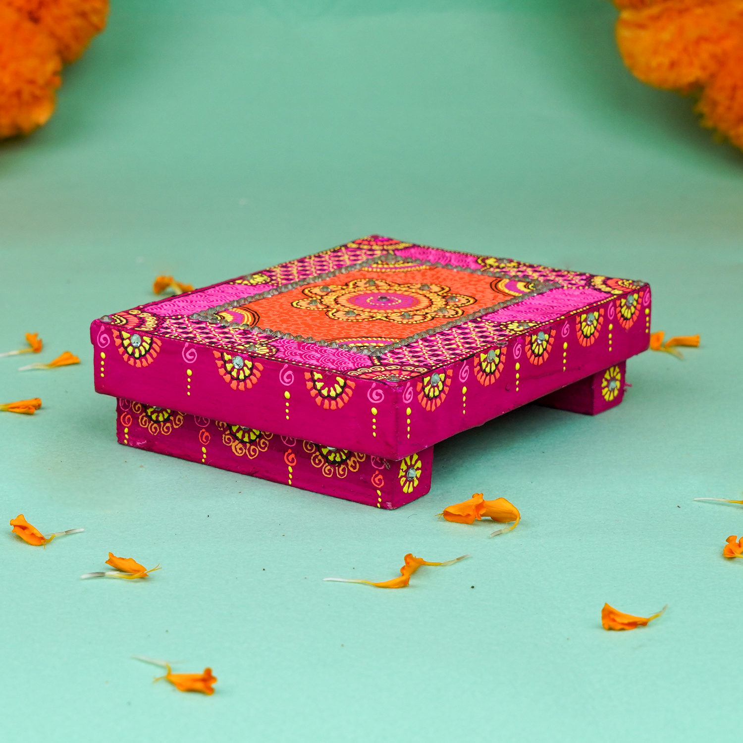 Hand-Painted Small Wooden Rani MDF Chowki – Artisanal Pink Mandala Puja Bajot for Home Decor