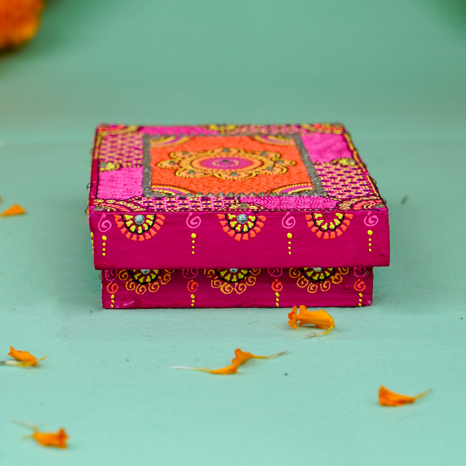 Hand-Painted Small Wooden Rani MDF Chowki – Artisanal Pink Mandala Puja Bajot for Home Decor