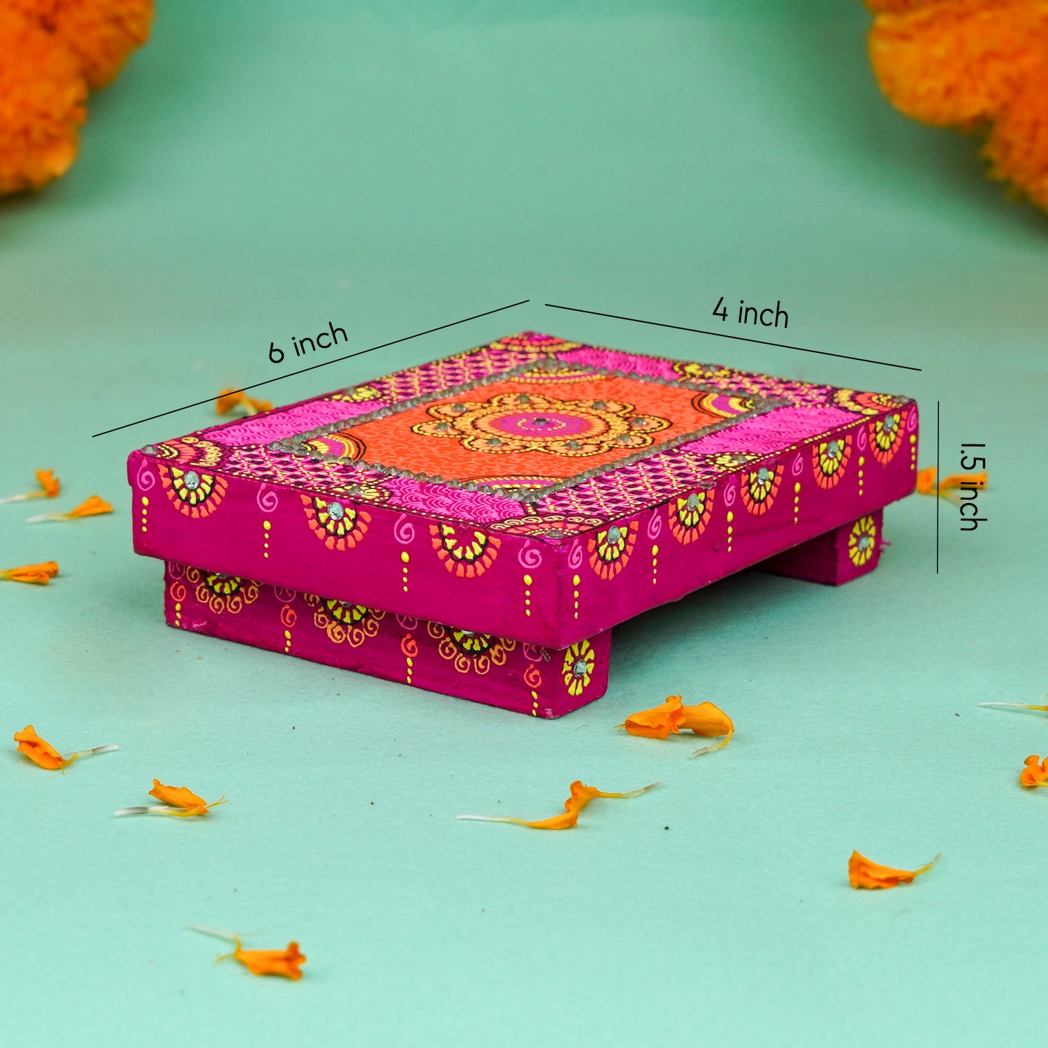 Hand-Painted Small Wooden Rani MDF Chowki – Artisanal Pink Mandala Puja Bajot for Home Decor