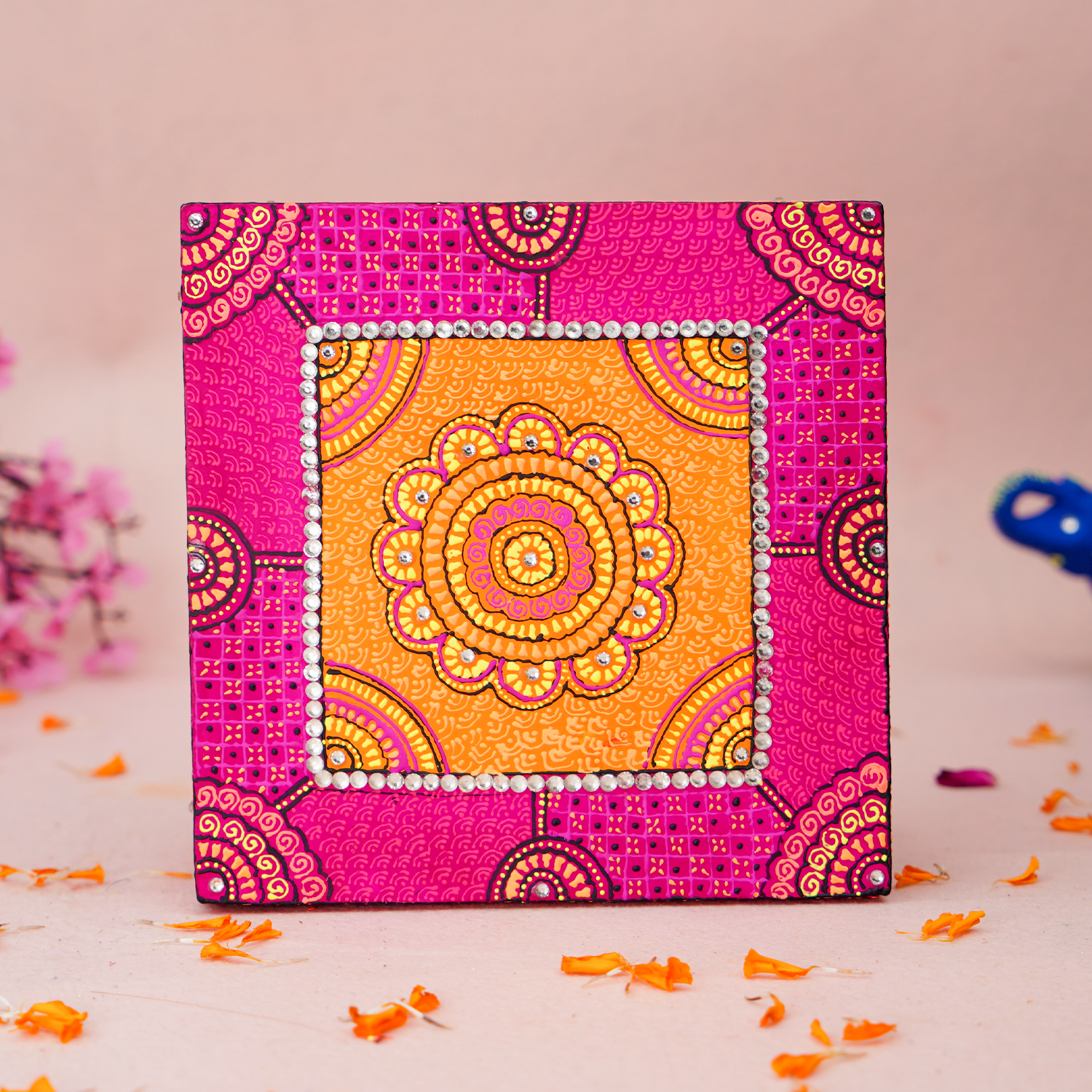 Hand-Painted Small Square Wooden Rani MDF Chowki – 6 x 6 Artisanal Pink Mandala Puja Bajot for Home Decor