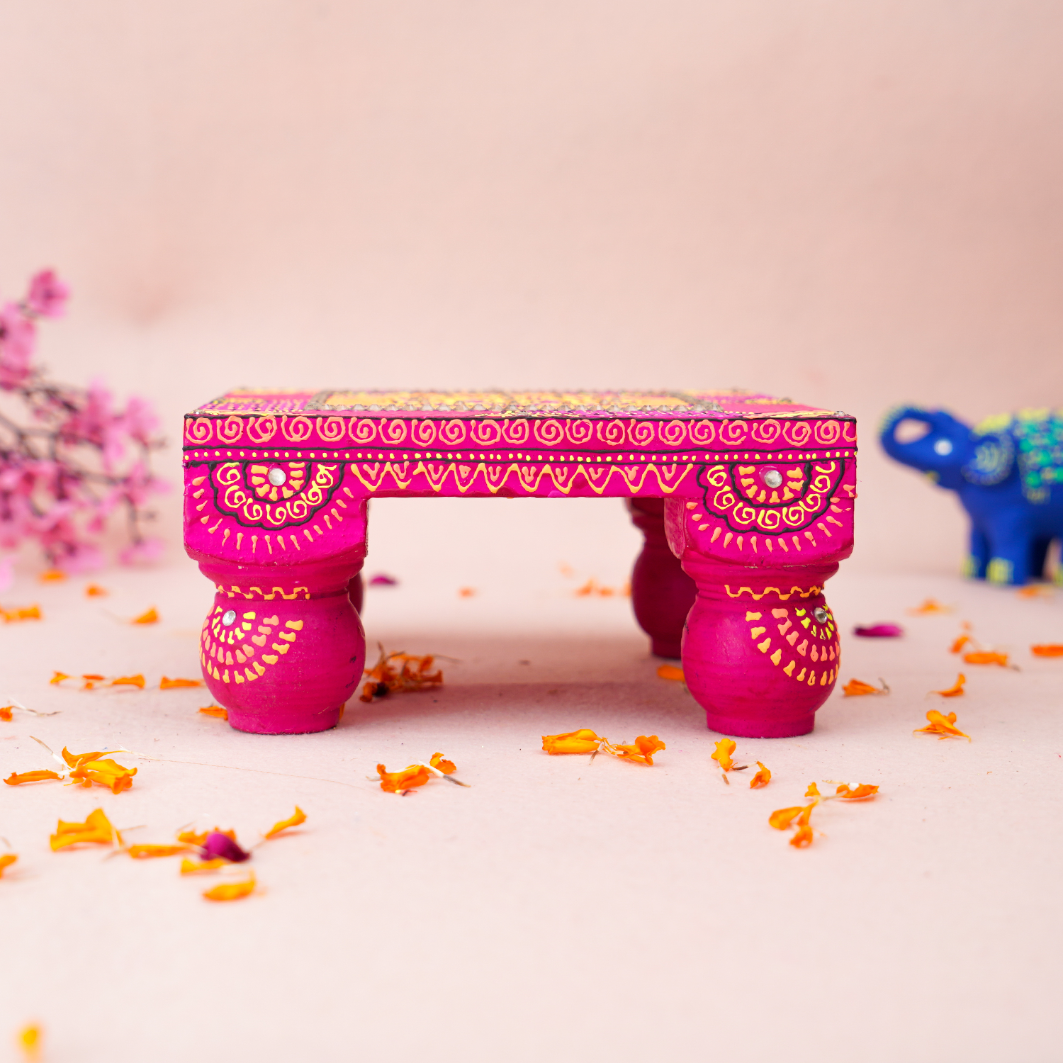 Hand-Painted Small Square Wooden Rani MDF Chowki – 6 x 6 Artisanal Pink Mandala Puja Bajot for Home Decor