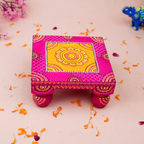Hand-Painted Small Square Wooden Rani MDF Chowki – 6 x 6 Artisanal Pink Mandala Puja Bajot for Home Decor
