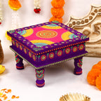 Hand-Painted Wooden MDF Chowki – Artisanal Purple Mandala Puja Bajot for Home Decor & Spiritual Rituals