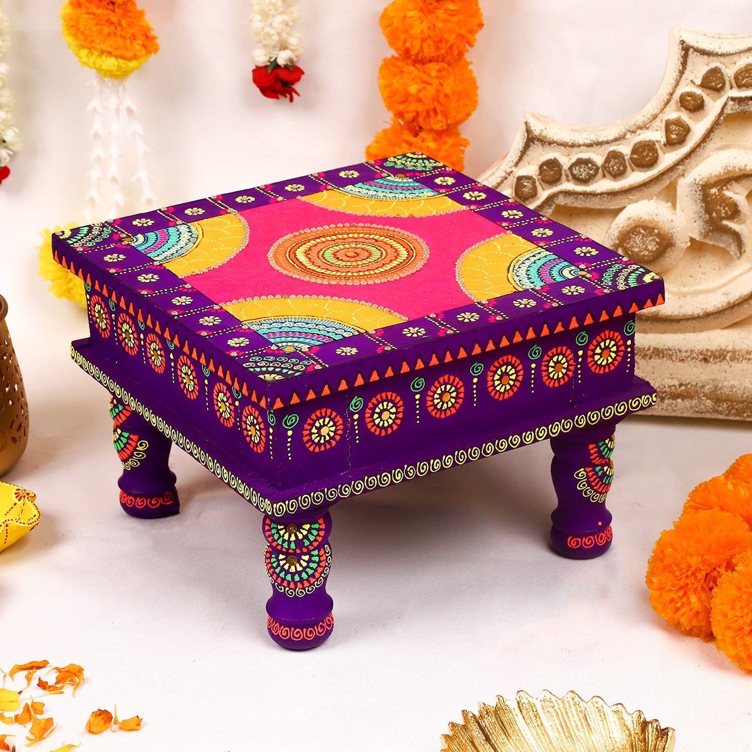 Hand-Painted Wooden MDF Chowki – Artisanal Purple Mandala Puja Bajot for Home Decor & Spiritual Rituals