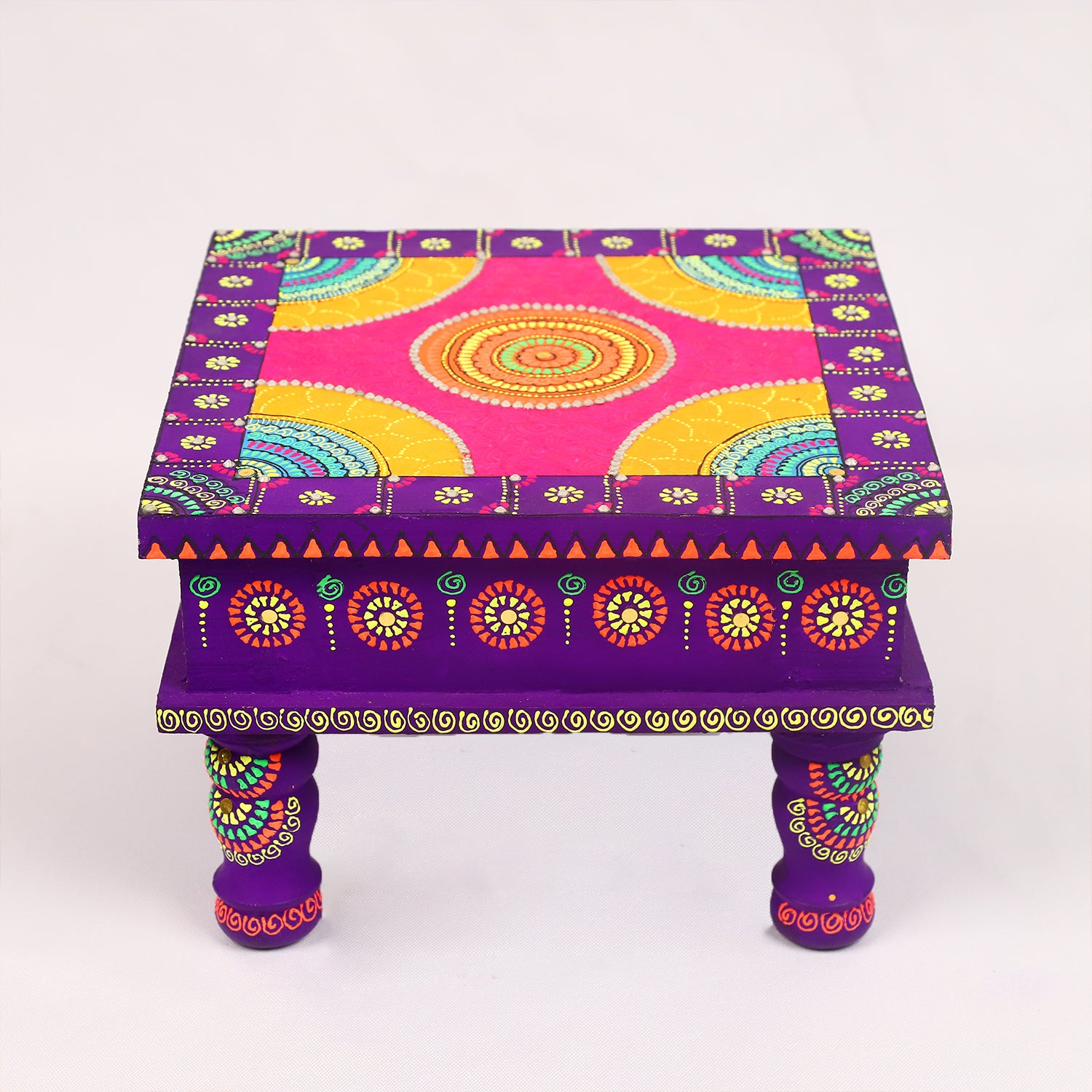 Hand-Painted Wooden MDF Chowki – Artisanal Purple Mandala Puja Bajot for Home Decor & Spiritual Rituals