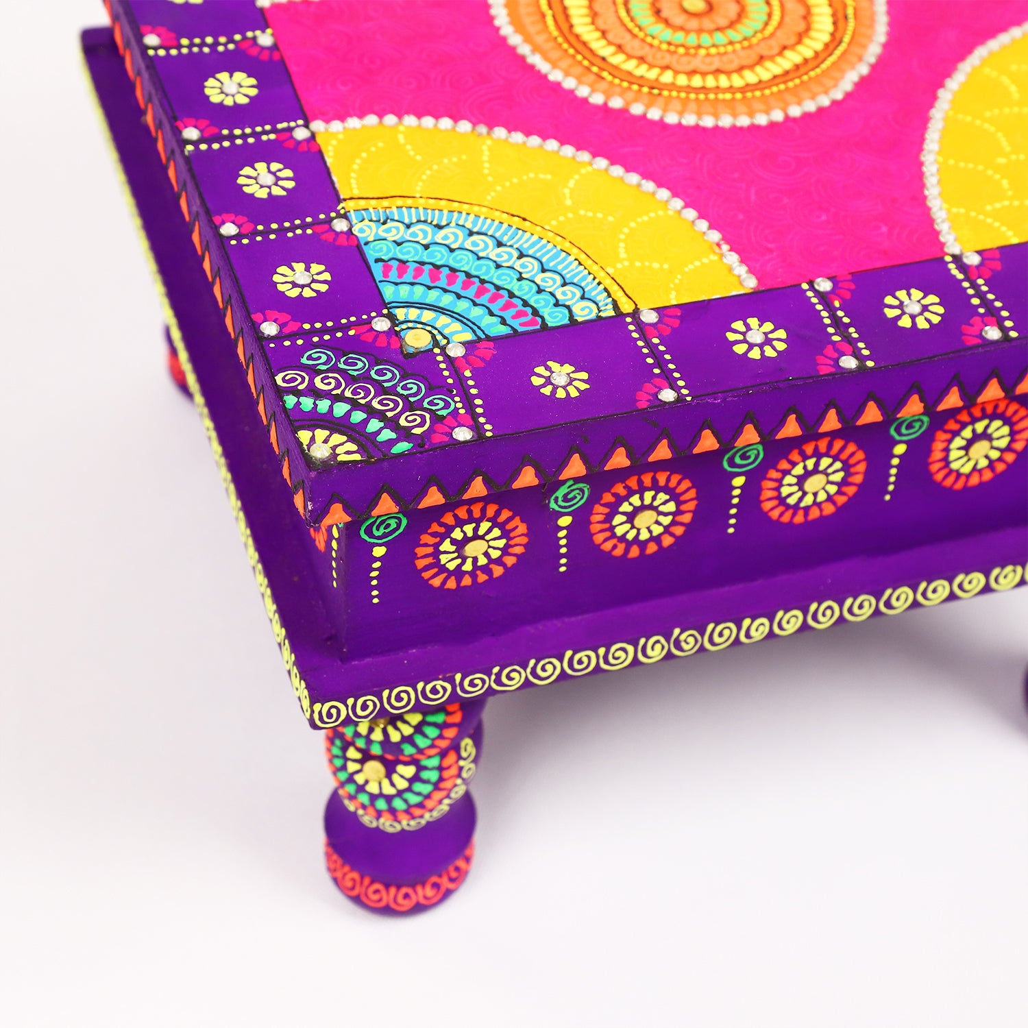 Hand-Painted Wooden MDF Chowki – Artisanal Purple Mandala Puja Bajot for Home Decor & Spiritual Rituals