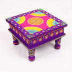 Hand-Painted Wooden MDF Chowki – Artisanal Purple Mandala Puja Bajot for Home Decor & Spiritual Rituals