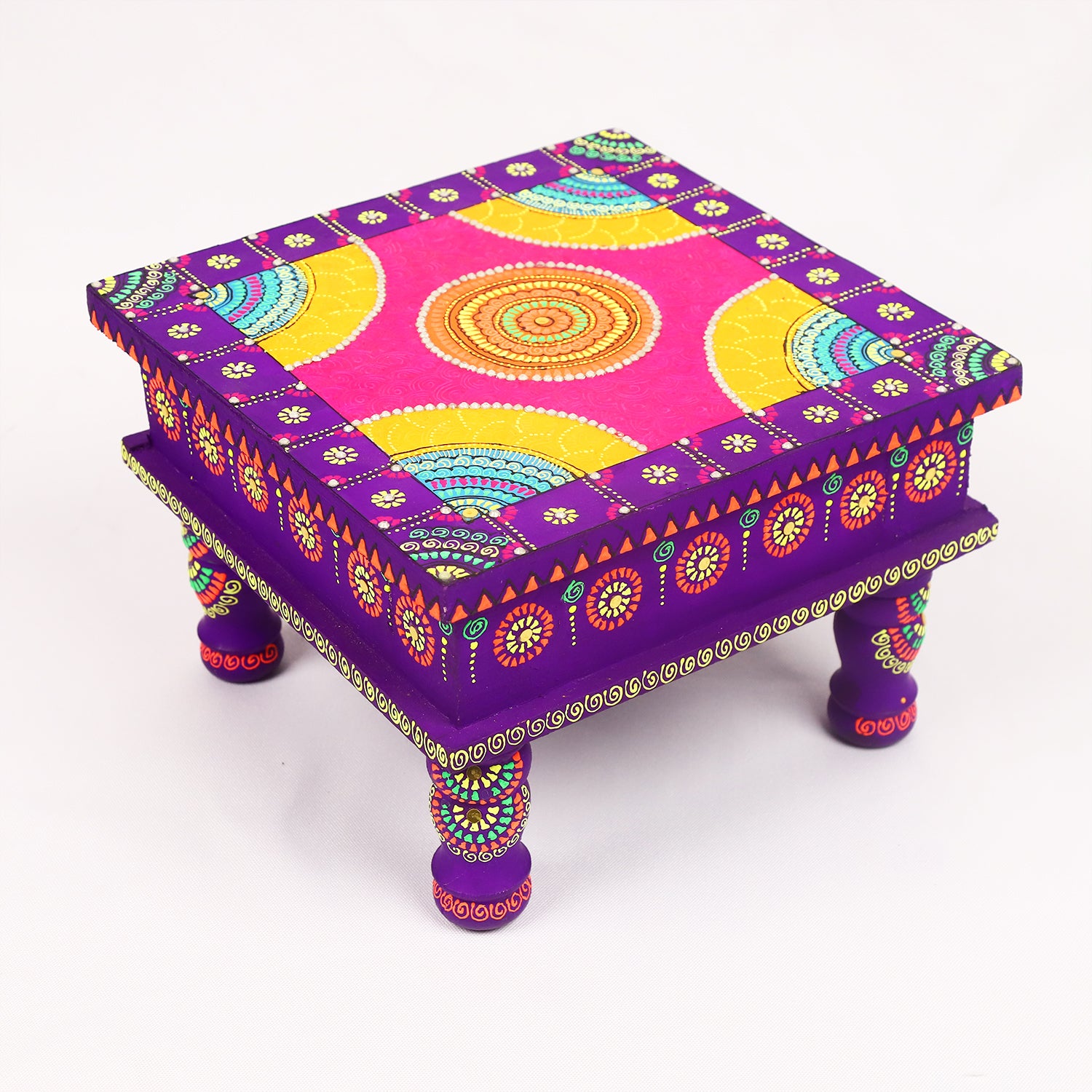 Hand-Painted Wooden MDF Chowki – Artisanal Purple Mandala Puja Bajot for Home Decor & Spiritual Rituals