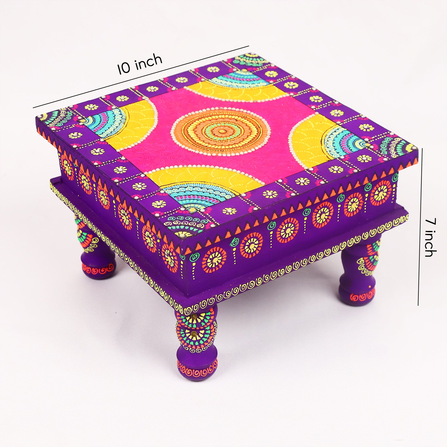 Hand-Painted Wooden MDF Chowki – Artisanal Purple Mandala Puja Bajot for Home Decor & Spiritual Rituals