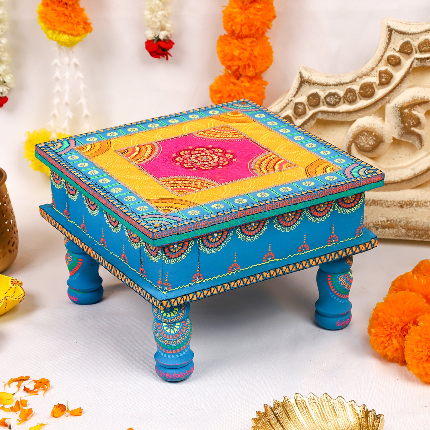 Hand-Painted Wooden MDF Chowki – Artisanal Blue Mandala Puja Bajot for Home Decor & Spiritual Rituals