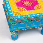 Hand-Painted Wooden MDF Chowki – Artisanal Blue Mandala Puja Bajot for Home Decor & Spiritual Rituals