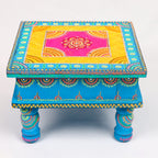 Hand-Painted Wooden MDF Chowki – Artisanal Blue Mandala Puja Bajot for Home Decor & Spiritual Rituals
