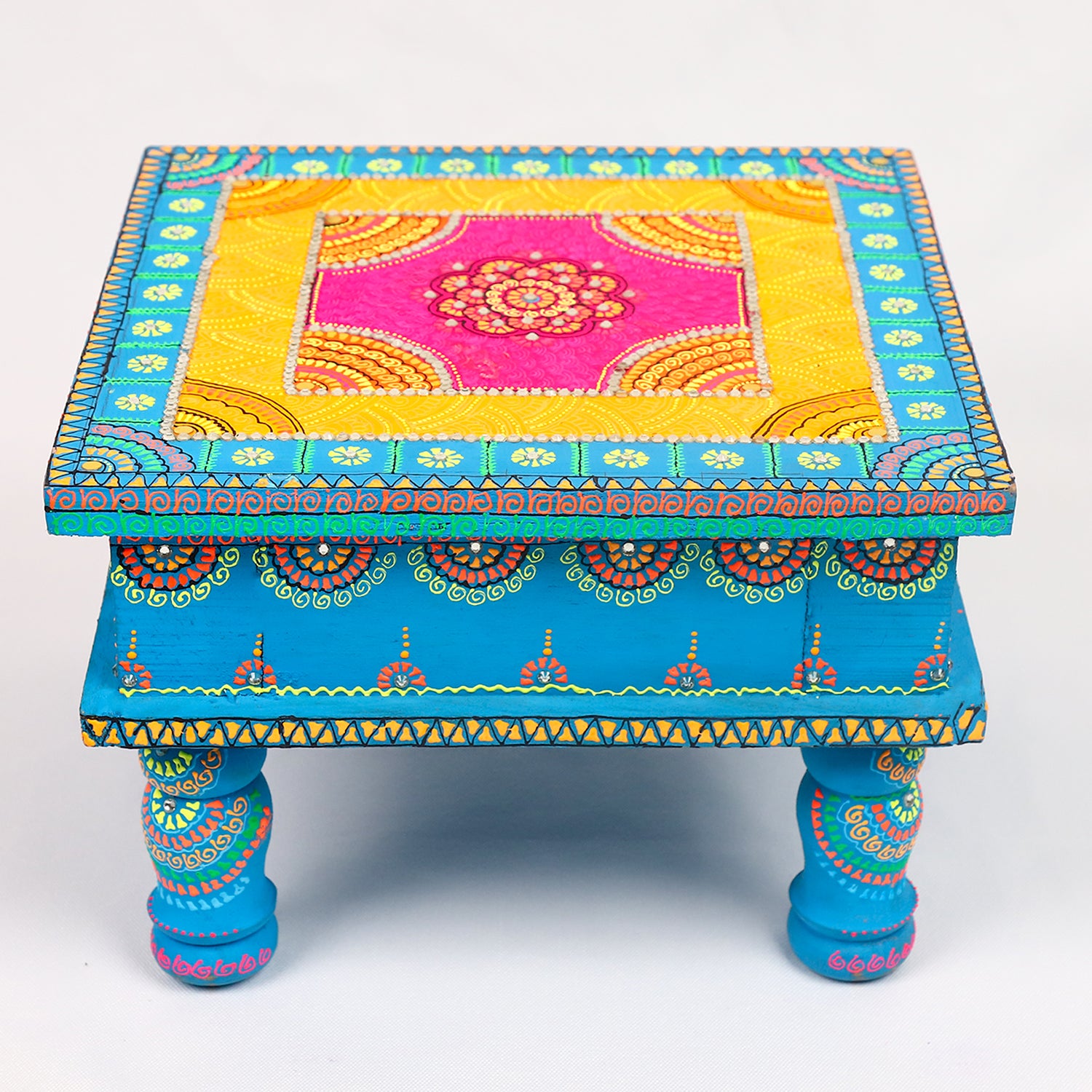 Hand-Painted Wooden MDF Chowki – Artisanal Blue Mandala Puja Bajot for Home Decor & Spiritual Rituals