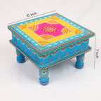 Hand-Painted Wooden MDF Chowki – Artisanal Blue Mandala Puja Bajot for Home Decor & Spiritual Rituals