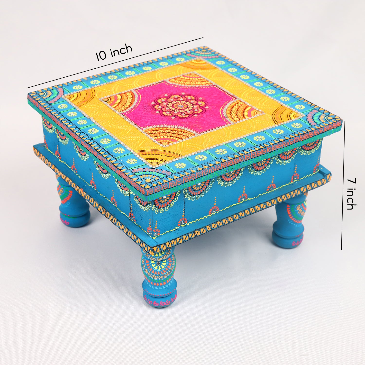 Hand-Painted Wooden MDF Chowki – Artisanal Blue Mandala Puja Bajot for Home Decor & Spiritual Rituals