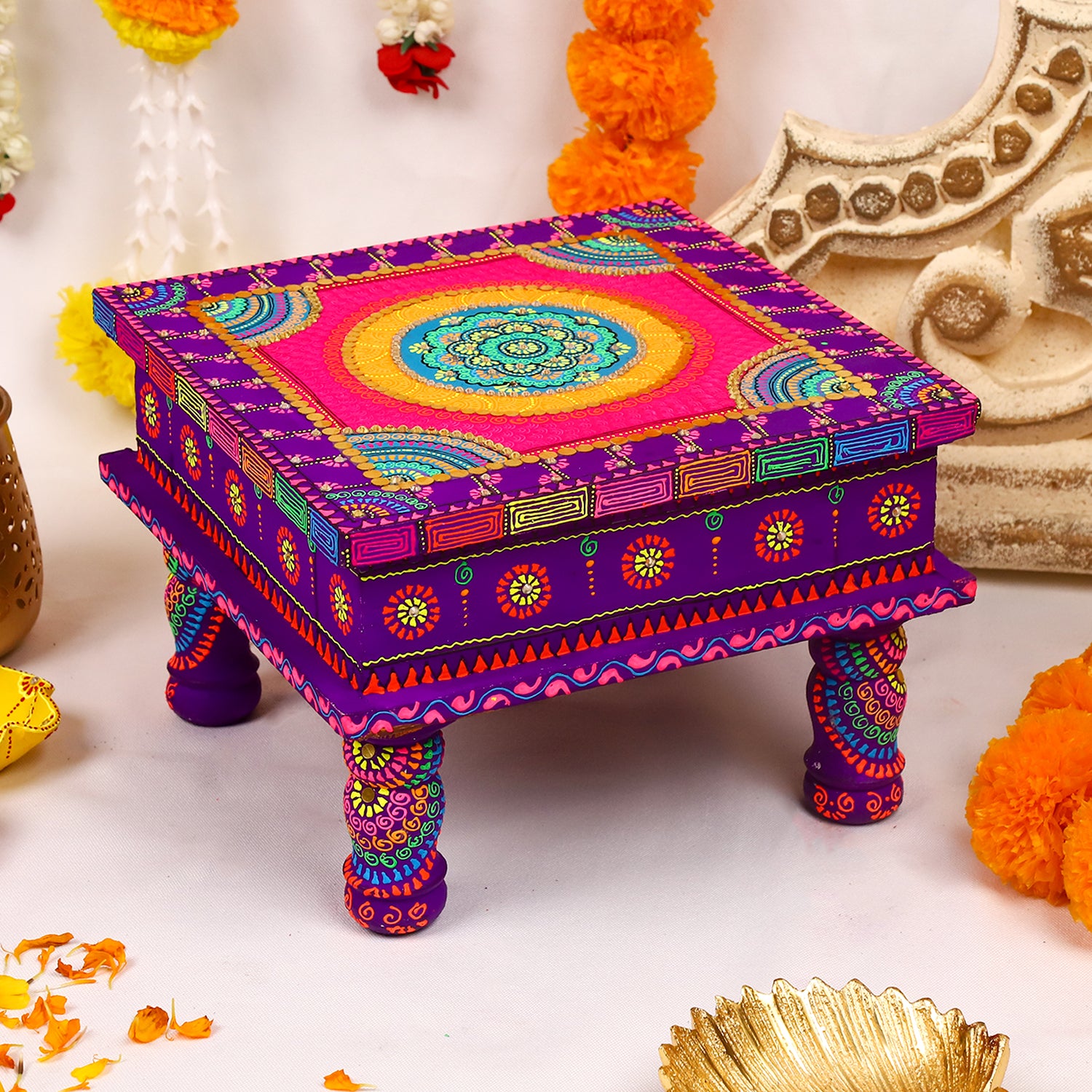 Hand-Painted Wooden MDF Chowki – Artisanal Purple & Pink Mandala Puja Bajot for Home Decor