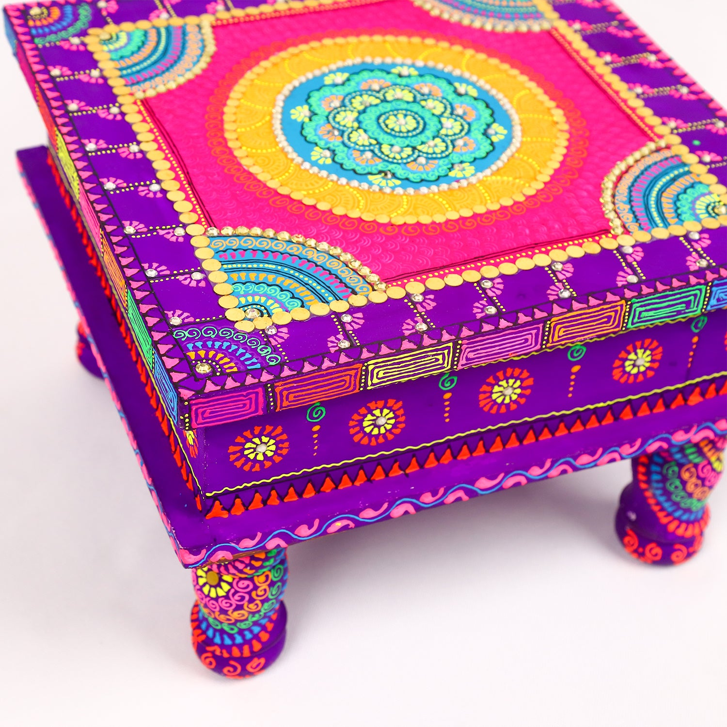 Hand-Painted Wooden MDF Chowki – Artisanal Purple & Pink Mandala Puja Bajot for Home Decor