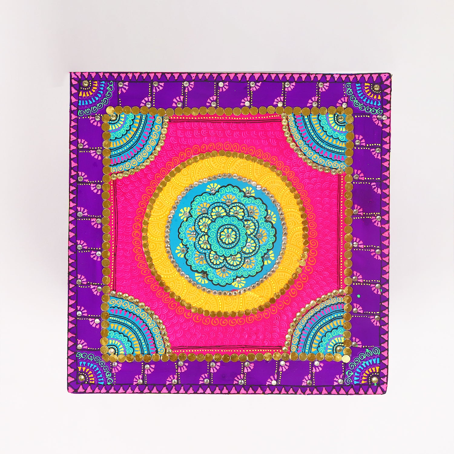Hand-Painted Wooden MDF Chowki – Artisanal Purple & Pink Mandala Puja Bajot for Home Decor